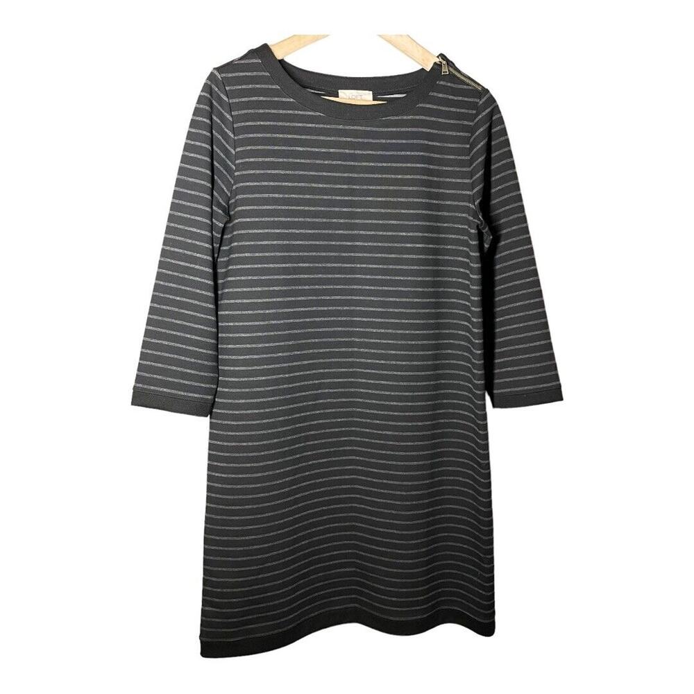 LOFT Dress Women Medium Black Gray Striped Shirt Shift Casual 3/4 Sleeve
